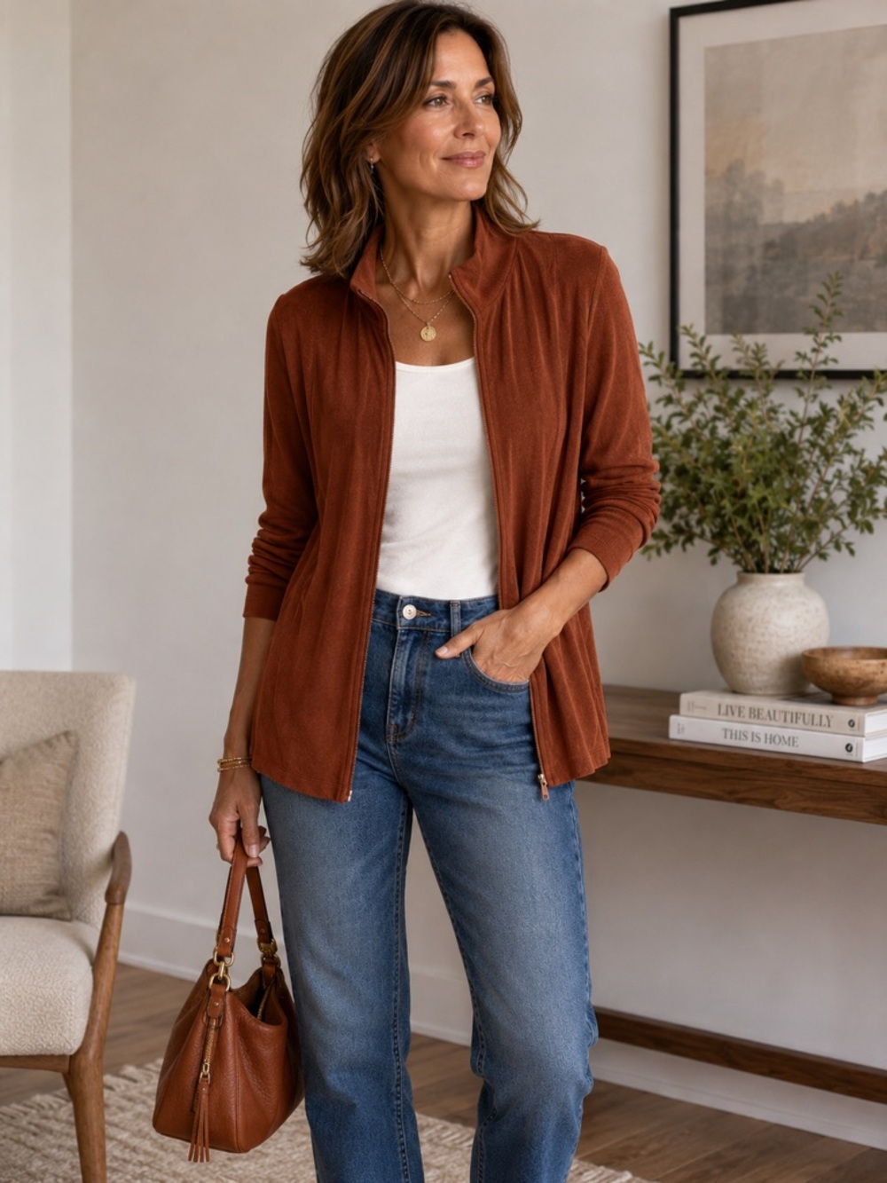 Chico's Zip-Front Traveler Jacket in Rust |Sz 1 (8-10)|
